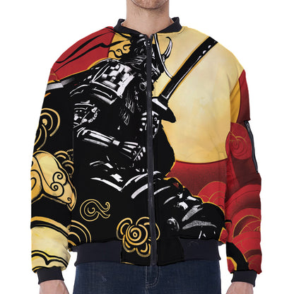 Red Sky And Golden Sun Samurai Print Zip Sleeve Bomber Jacket
