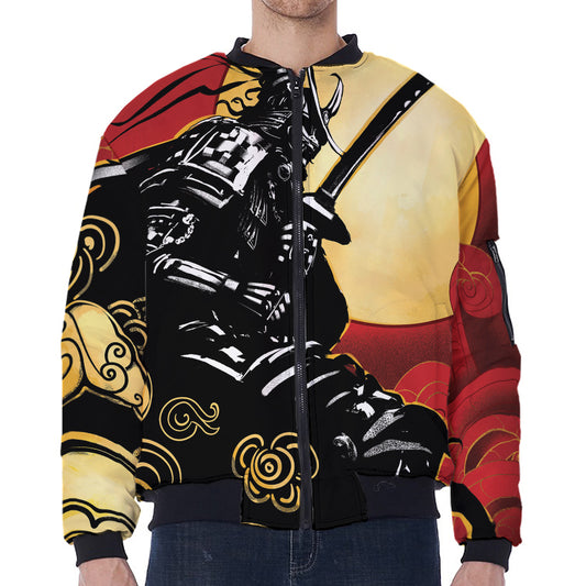 Red Sky And Golden Sun Samurai Print Zip Sleeve Bomber Jacket