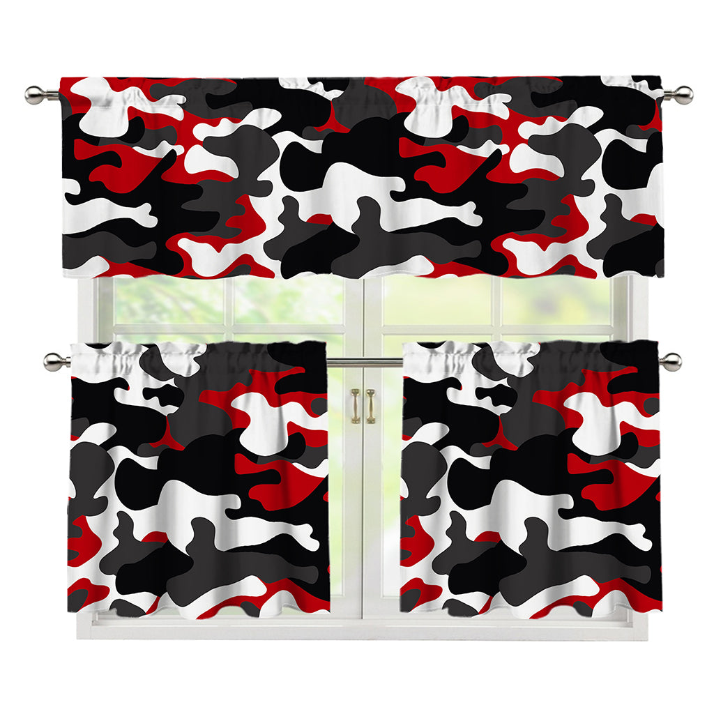 Red Snow Camouflage Print 3 Piece Kitchen Curtains