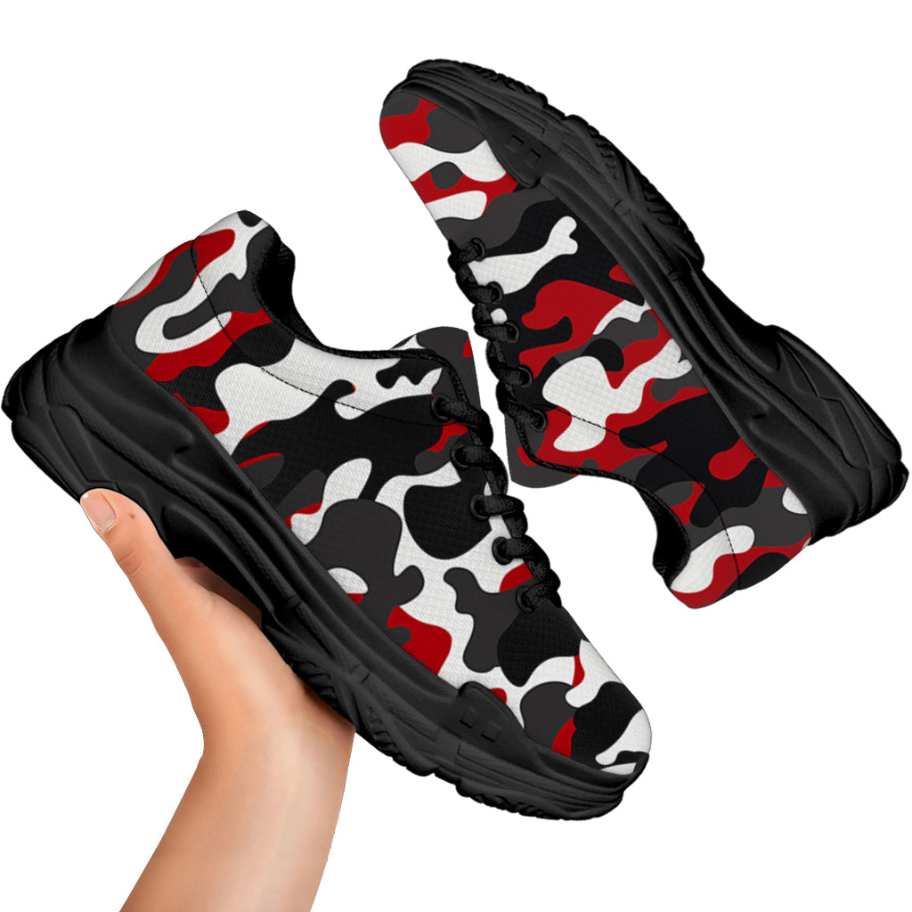Red Snow Camouflage Print Black Chunky Shoes