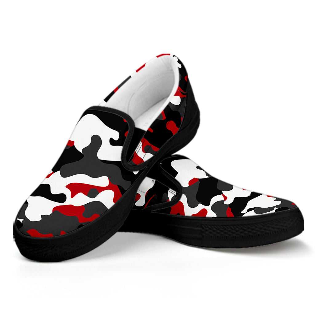 Red Snow Camouflage Print Black Slip On Sneakers