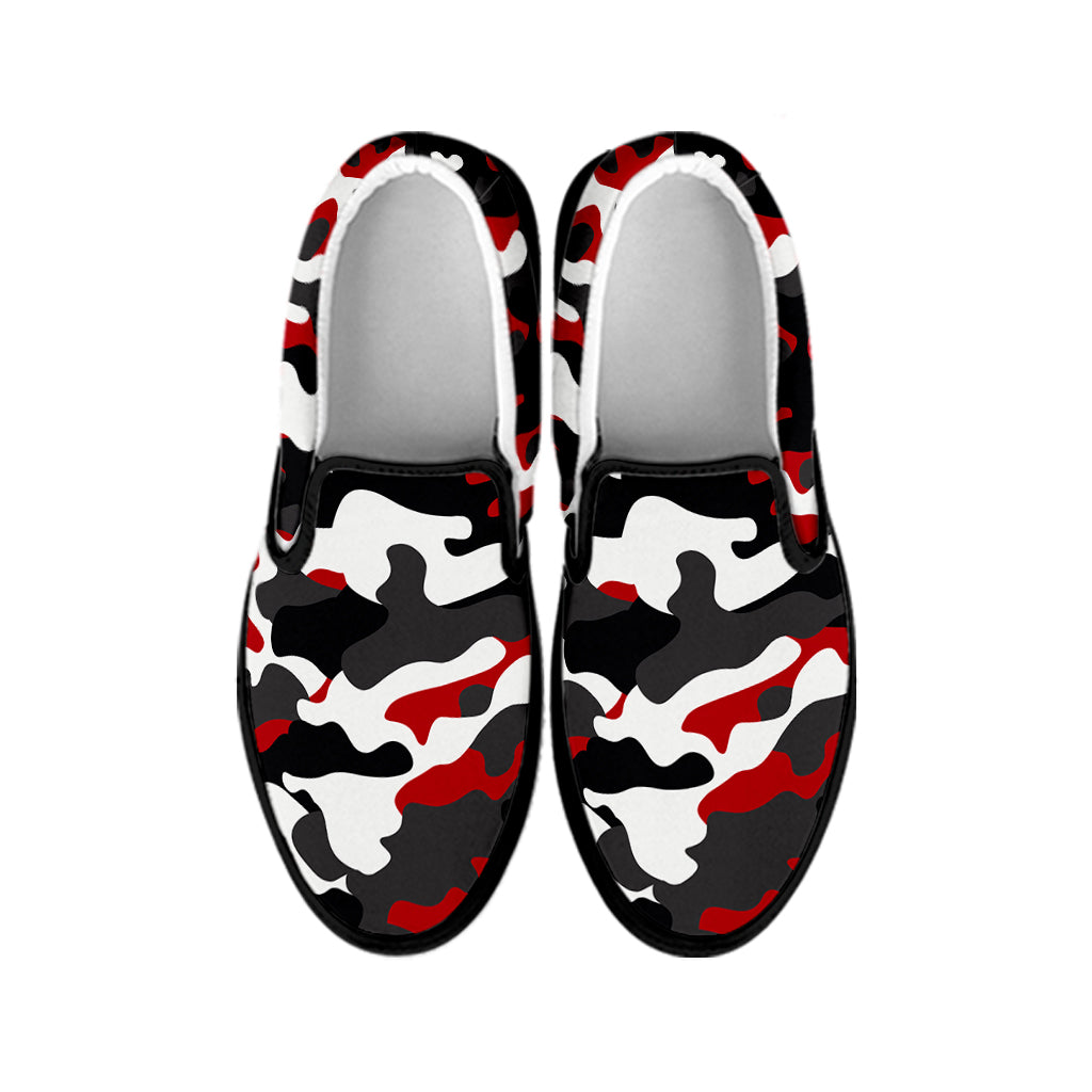 Red Snow Camouflage Print Black Slip On Sneakers