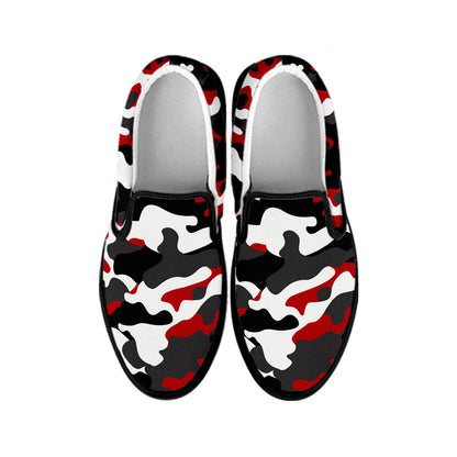 Red Snow Camouflage Print Black Slip On Sneakers