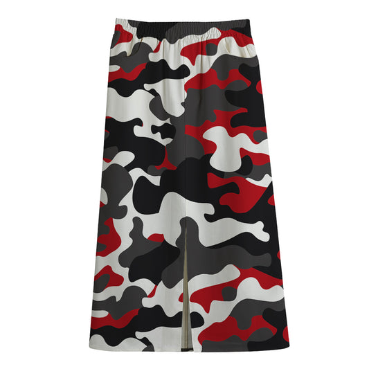 Red Snow Camouflage Print Cotton Front Slit Maxi Skirt