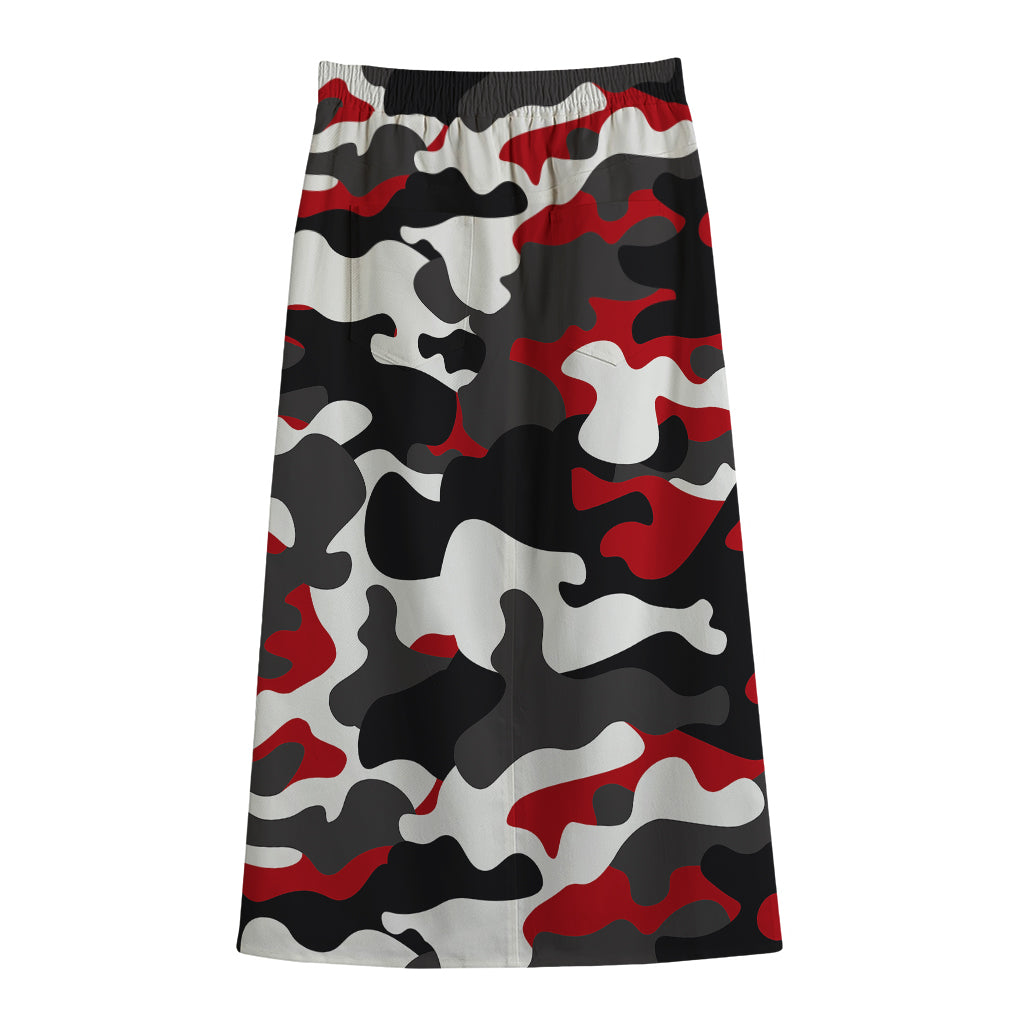 Red Snow Camouflage Print Cotton Front Slit Maxi Skirt