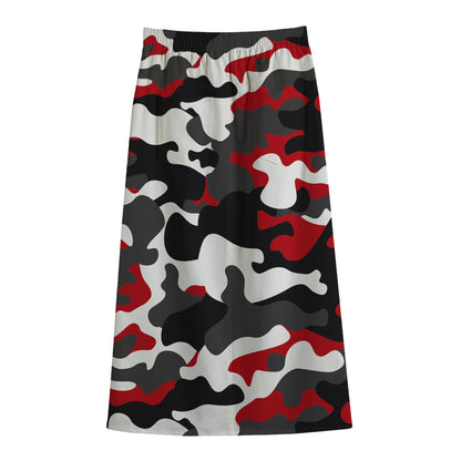Red Snow Camouflage Print Cotton Front Slit Maxi Skirt