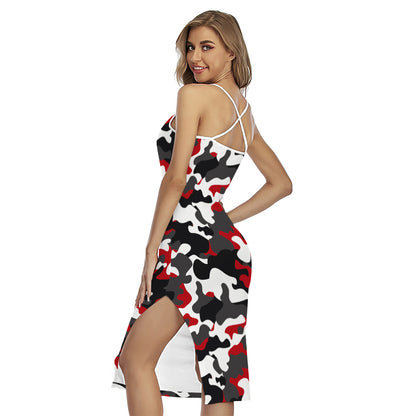 Red Snow Camouflage Print Cross Back Cami Dress