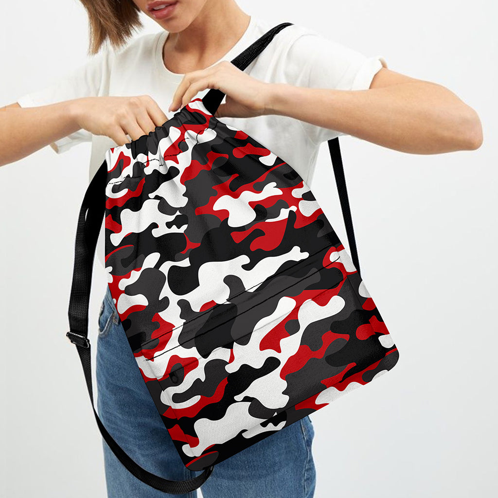 Red Snow Camouflage Print Drawstring Backpack