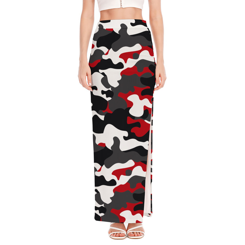 Red Snow Camouflage Print High Slit Maxi Skirt
