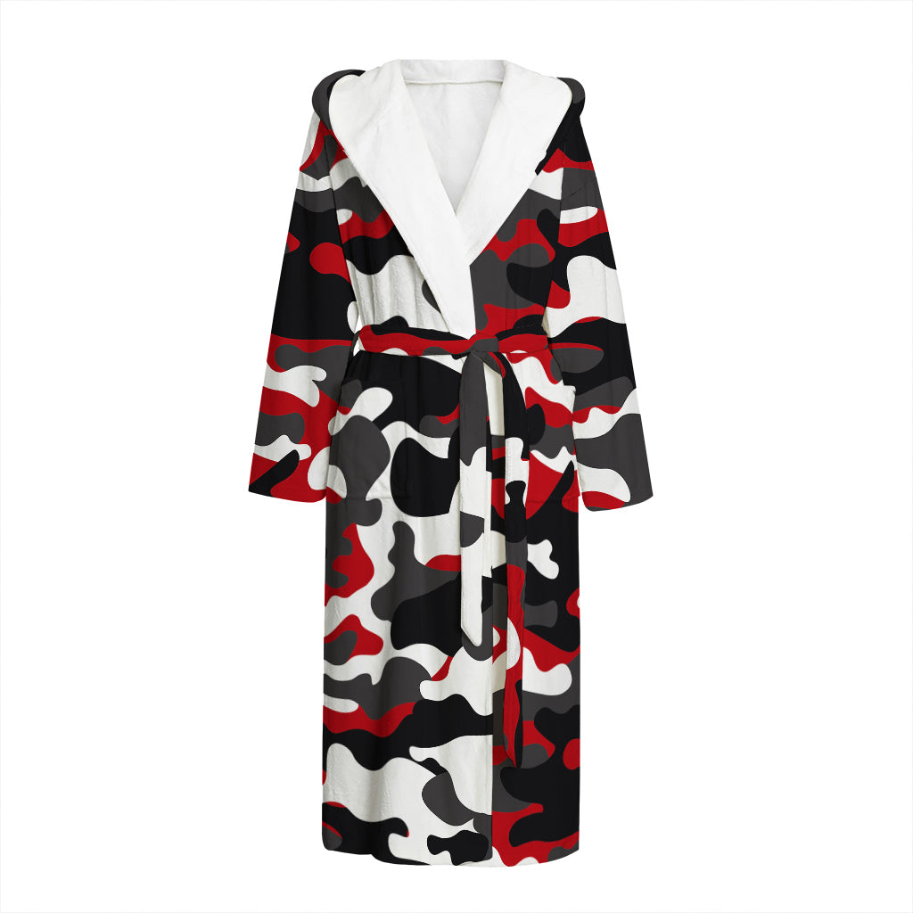 Red Snow Camouflage Print Hooded Bathrobe
