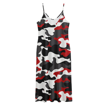 Red Snow Camouflage Print Jersey Midi Cami Dress