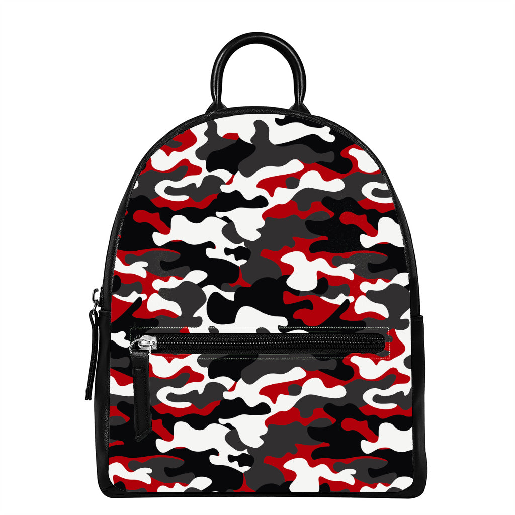 Red Snow Camouflage Print Leather Backpack
