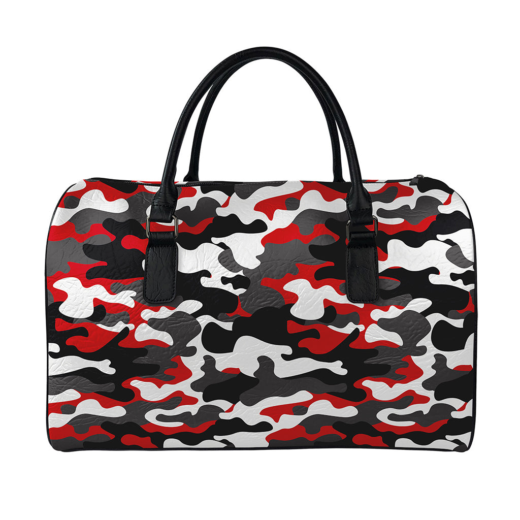 Red Snow Camouflage Print Leather Duffle Bag