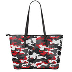 Red Snow Camouflage Print Leather Tote Bag