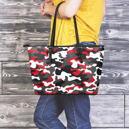 Red Snow Camouflage Print Leather Tote Bag