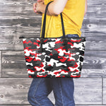 Red Snow Camouflage Print Leather Tote Bag