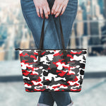 Red Snow Camouflage Print Leather Tote Bag
