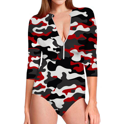 Red Snow Camouflage Print Long Sleeve Swimsuit
