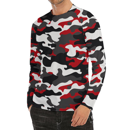 Red Snow Camouflage Print Men's Long Sleeve Rash Guard