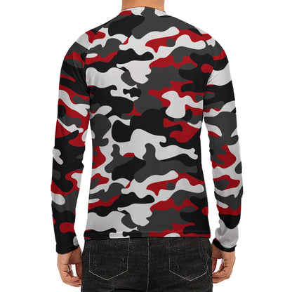 Red Snow Camouflage Print Men's Long Sleeve Rash Guard