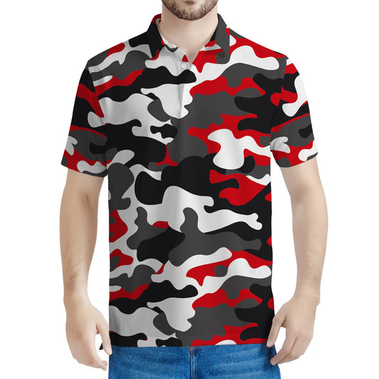 Red Snow Camouflage Print Men's Polo Shirt