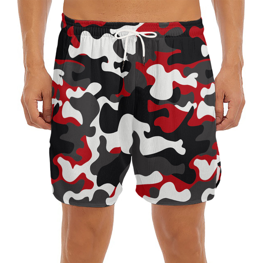 Red Snow Camouflage Print Men's Split Running Shorts