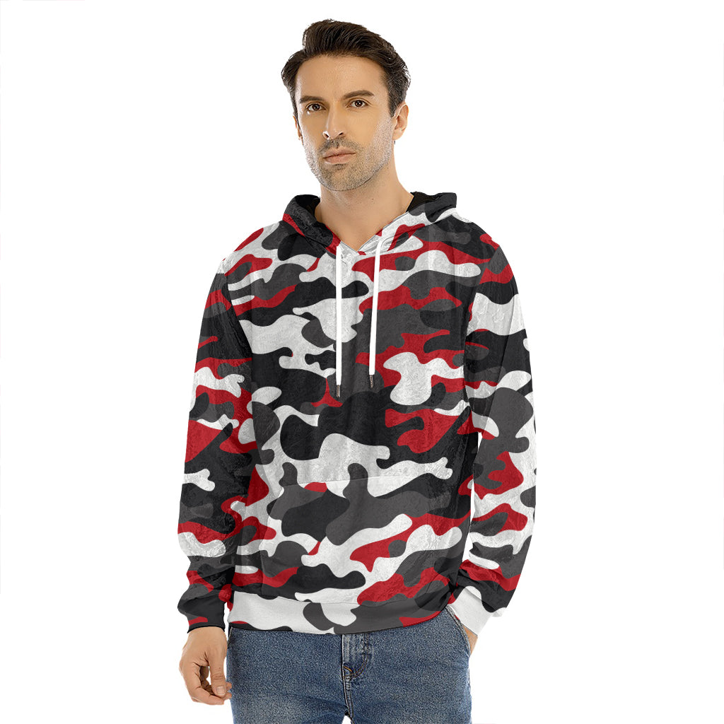 Red Snow Camouflage Print Men's Velvet Pullover Hoodie