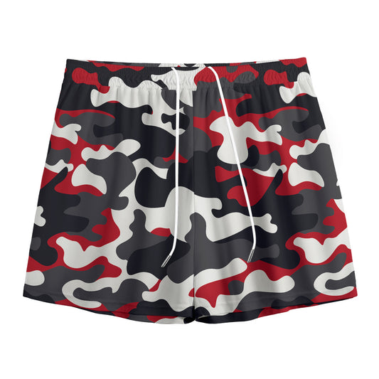 Red Snow Camouflage Print Mesh Shorts