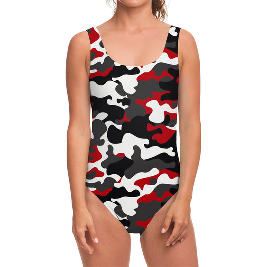 Red Snow Camouflage Print One Piece Swimsuit