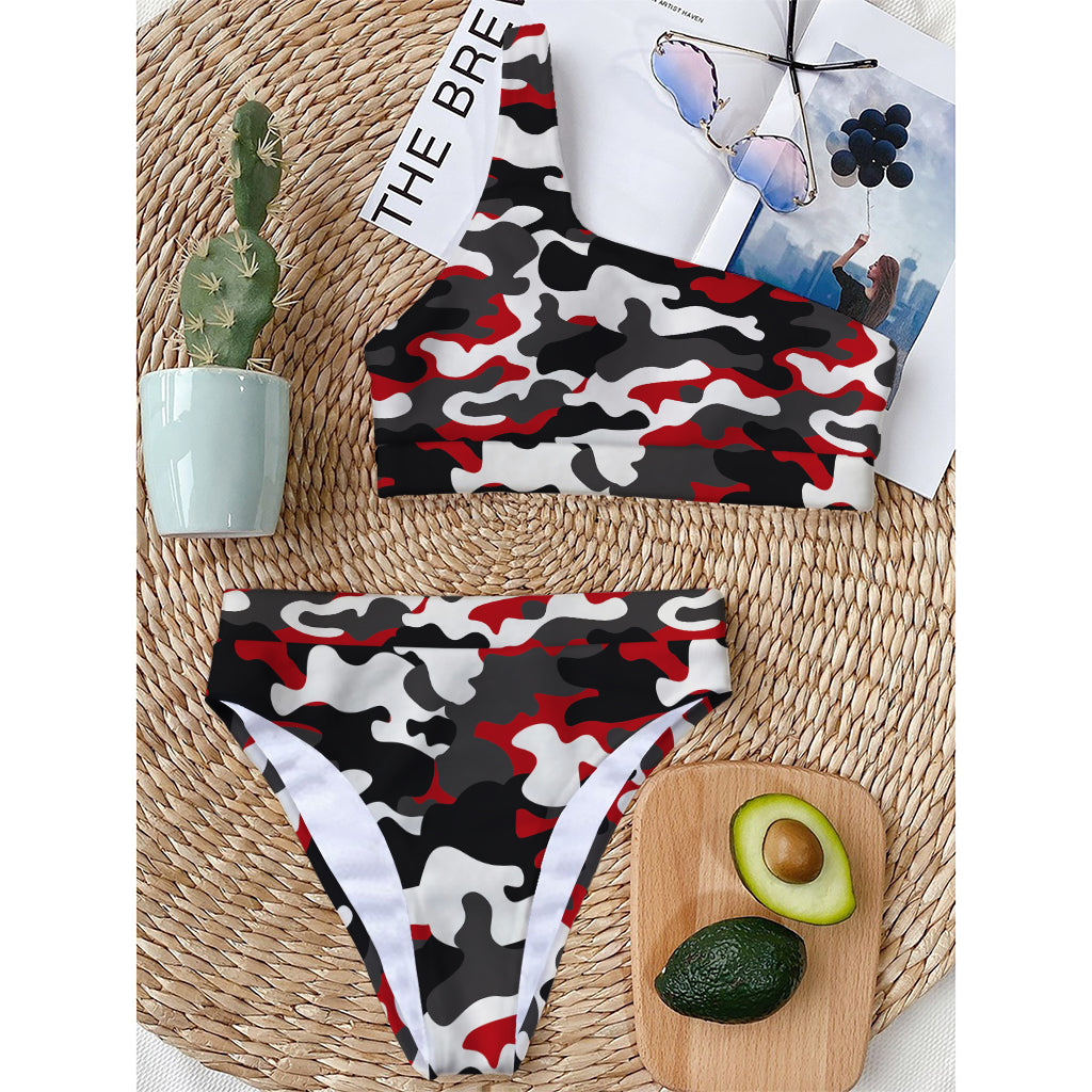 Red Snow Camouflage Print One Shoulder Bikini Top