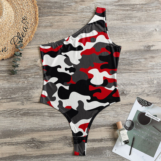 Red Snow Camouflage Print One Shoulder Bodysuit