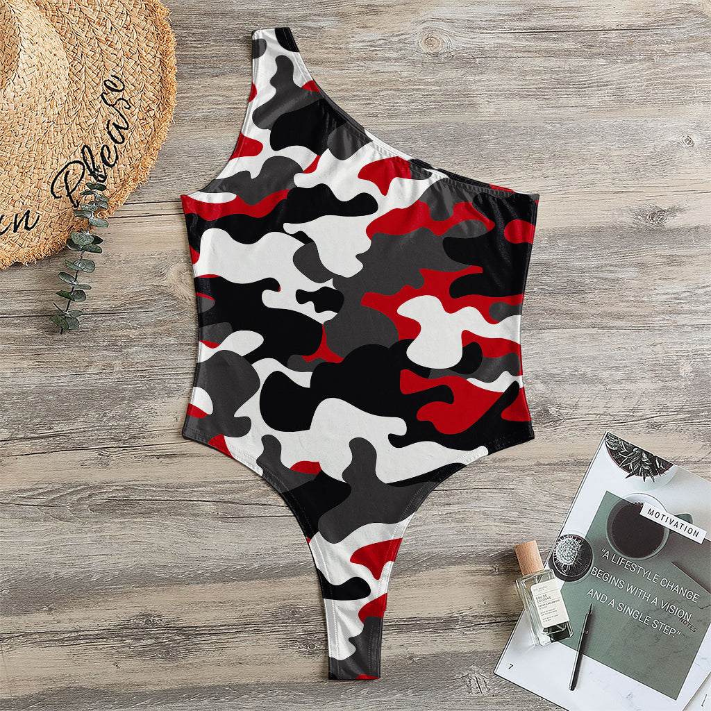 Red Snow Camouflage Print One Shoulder Bodysuit