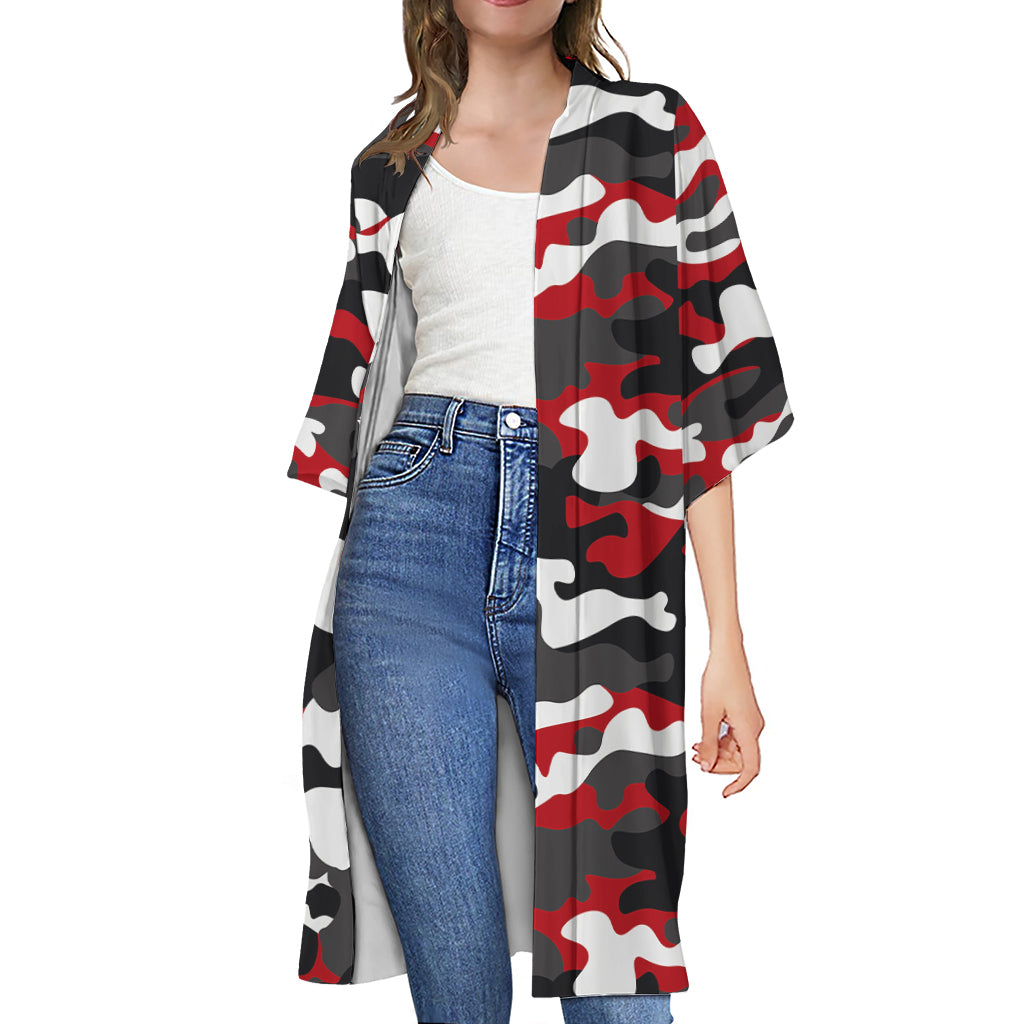 Red Snow Camouflage Print Open Front Beach Cover Up