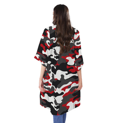 Red Snow Camouflage Print Open Front Beach Cover Up