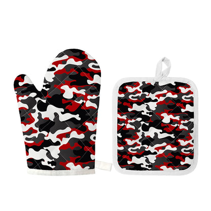 Red Snow Camouflage Print Oven Mitt And Pot Holder Set