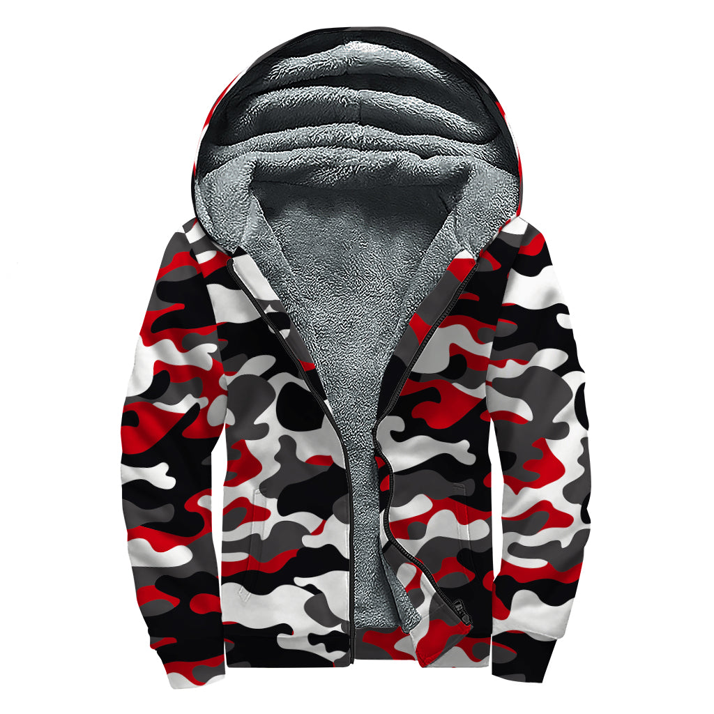 Red Snow Camouflage Print Sherpa Lined Zip Up Hoodie