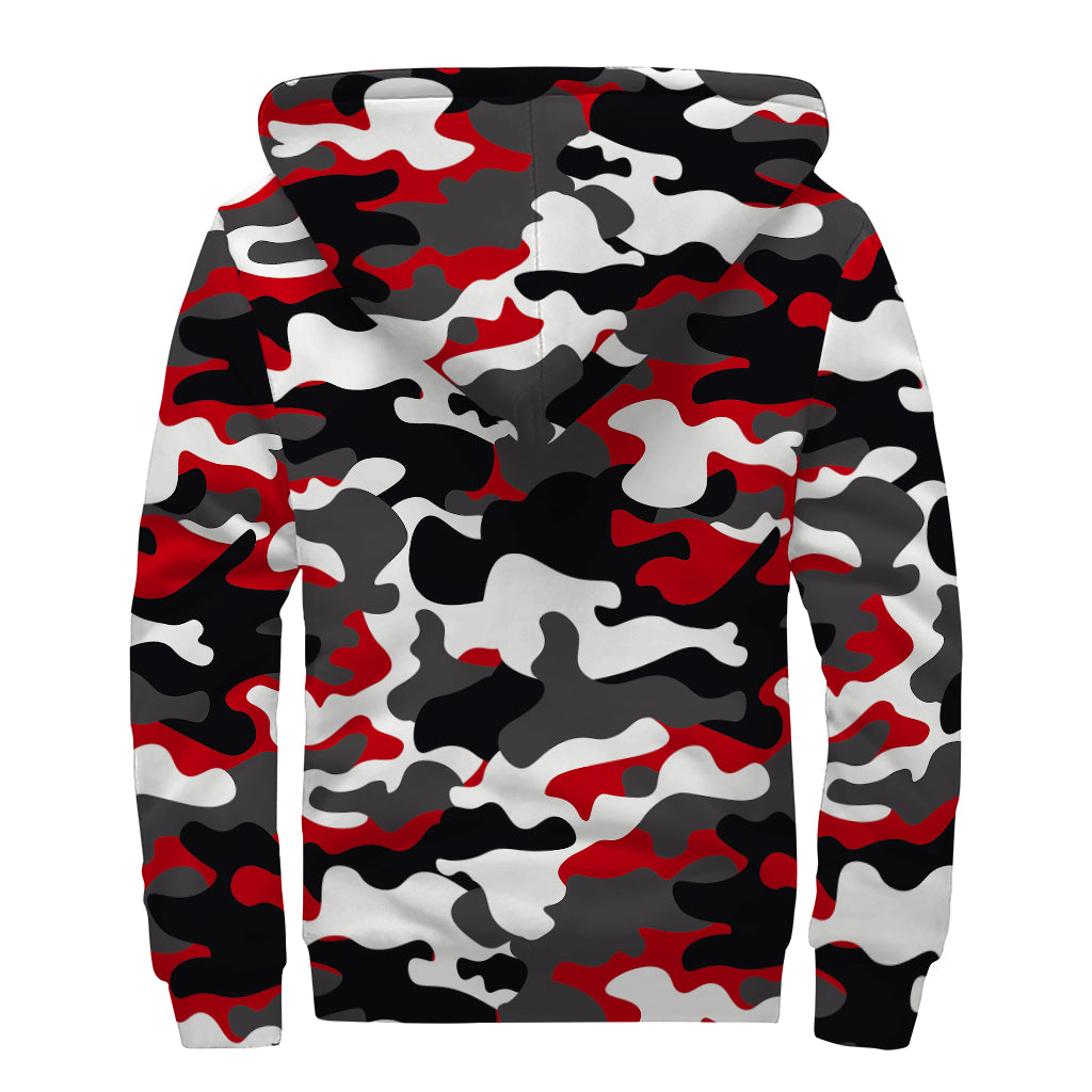 Red Snow Camouflage Print Sherpa Lined Zip Up Hoodie