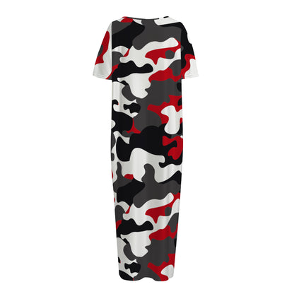 Red Snow Camouflage Print Short Sleeve Long Nightdress