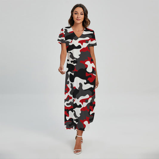 Red Snow Camouflage Print Short Sleeve Maxi Dress