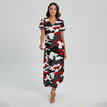 Red Snow Camouflage Print Short Sleeve Maxi Dress