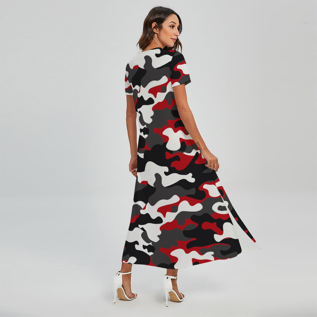 Red Snow Camouflage Print Short Sleeve Maxi Dress