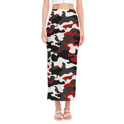 Red Snow Camouflage Print Side Slit Maxi Skirt
