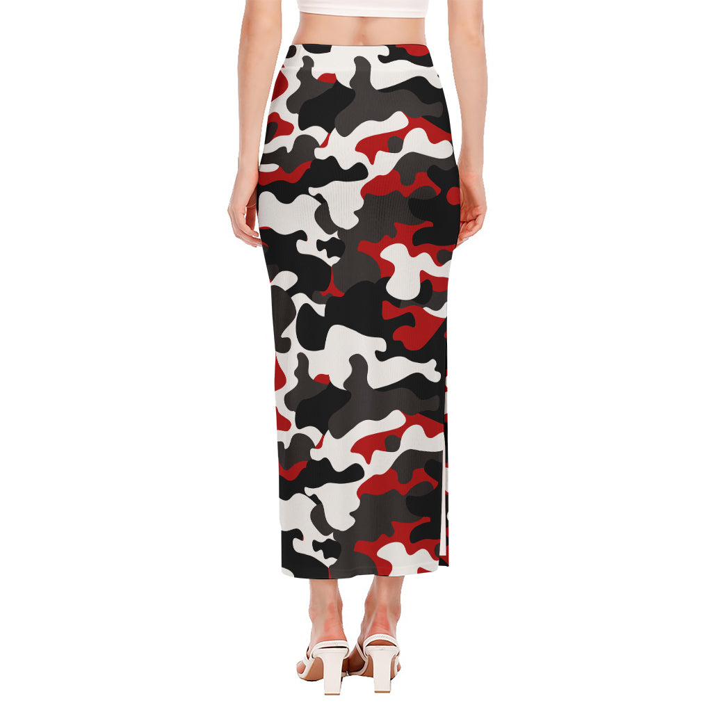 Red Snow Camouflage Print Side Slit Maxi Skirt