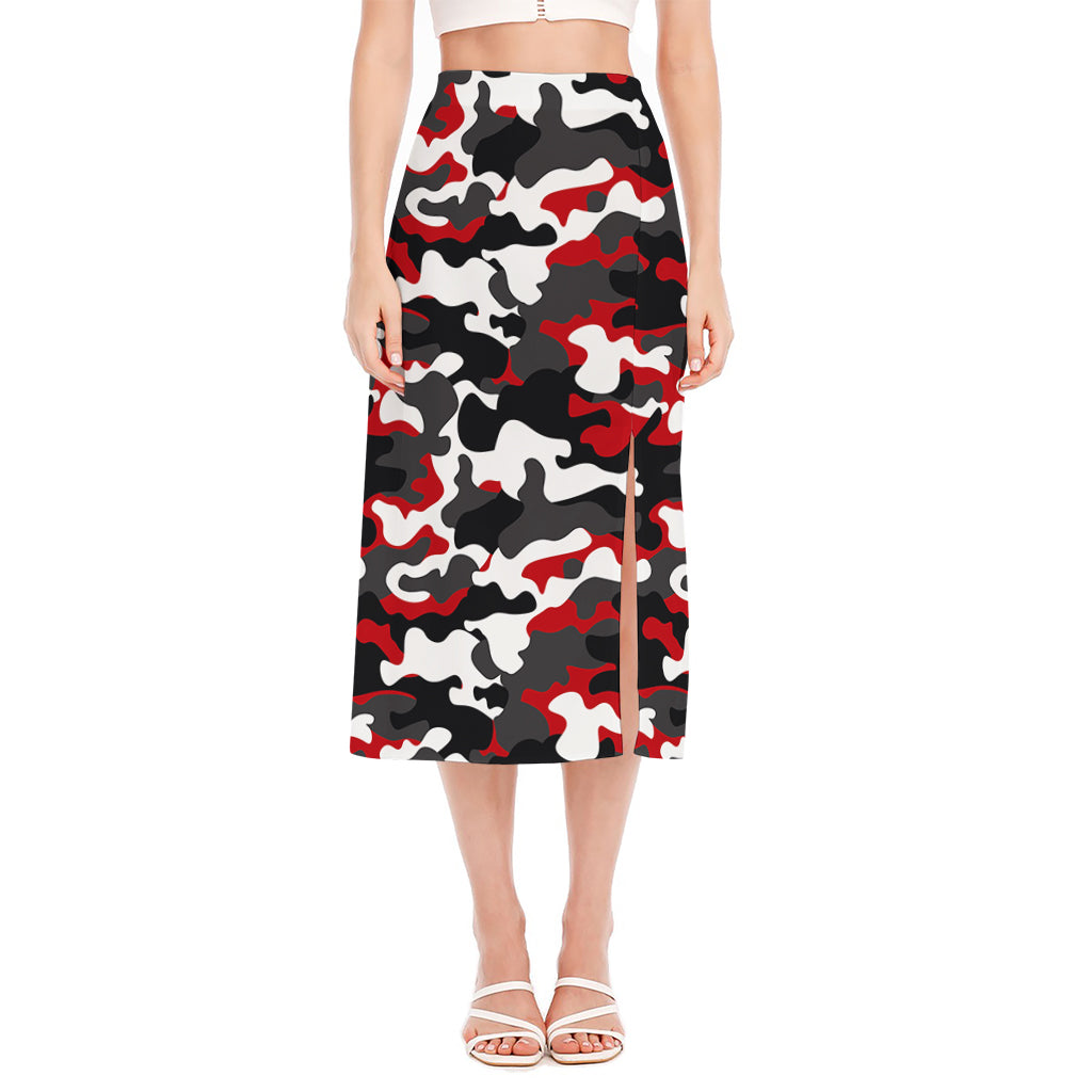 Red Snow Camouflage Print Side Slit Midi Skirt