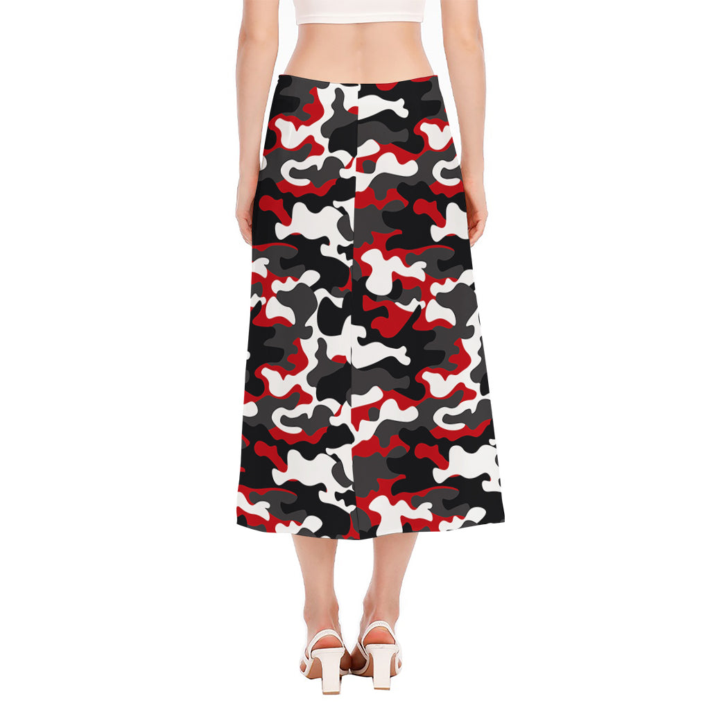 Red Snow Camouflage Print Side Slit Midi Skirt