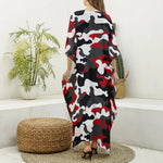 Red Snow Camouflage Print Silk V-Neck Kaftan Dress