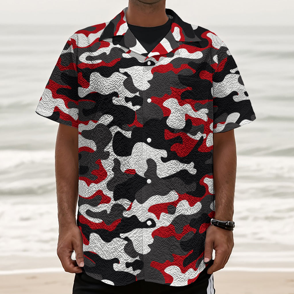 Red Snow Camouflage Print Textured Short Sleeve Shirt