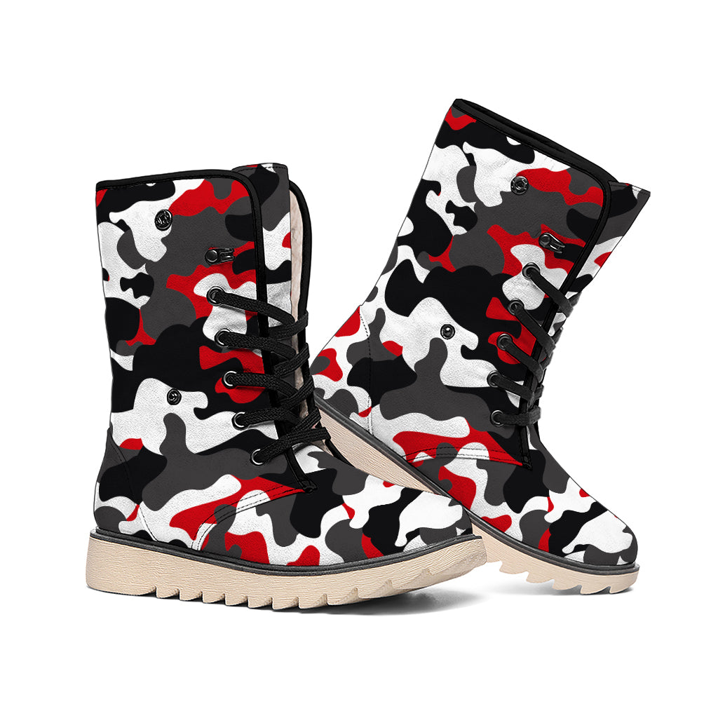 Red Snow Camouflage Print Winter Boots