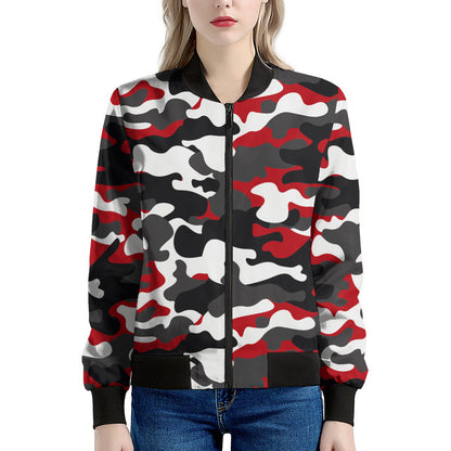 Red Snow Camouflage Print Women's Bomber Jacket