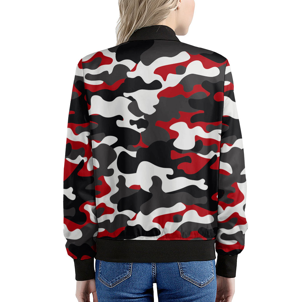 Red Snow Camouflage Print Women's Bomber Jacket